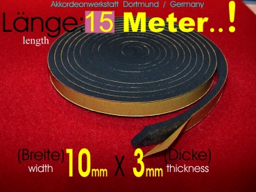 Nr. 90 = 15 Meter  10x3 mm Akkordeon Balgdichtung